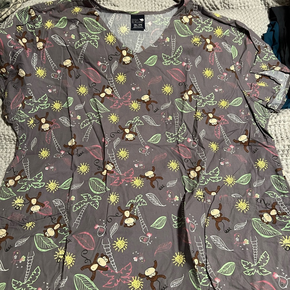 Gray Monkey Print Scrub Top